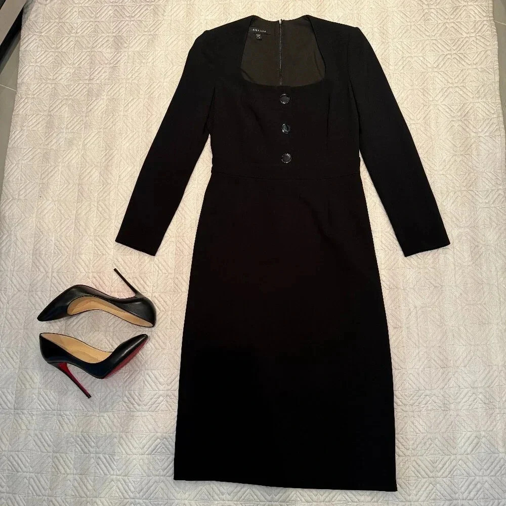 Black Square Neck Button Up  Long Sleeve Dress, Judith and Charles, US 4 - Picture 4 of 8